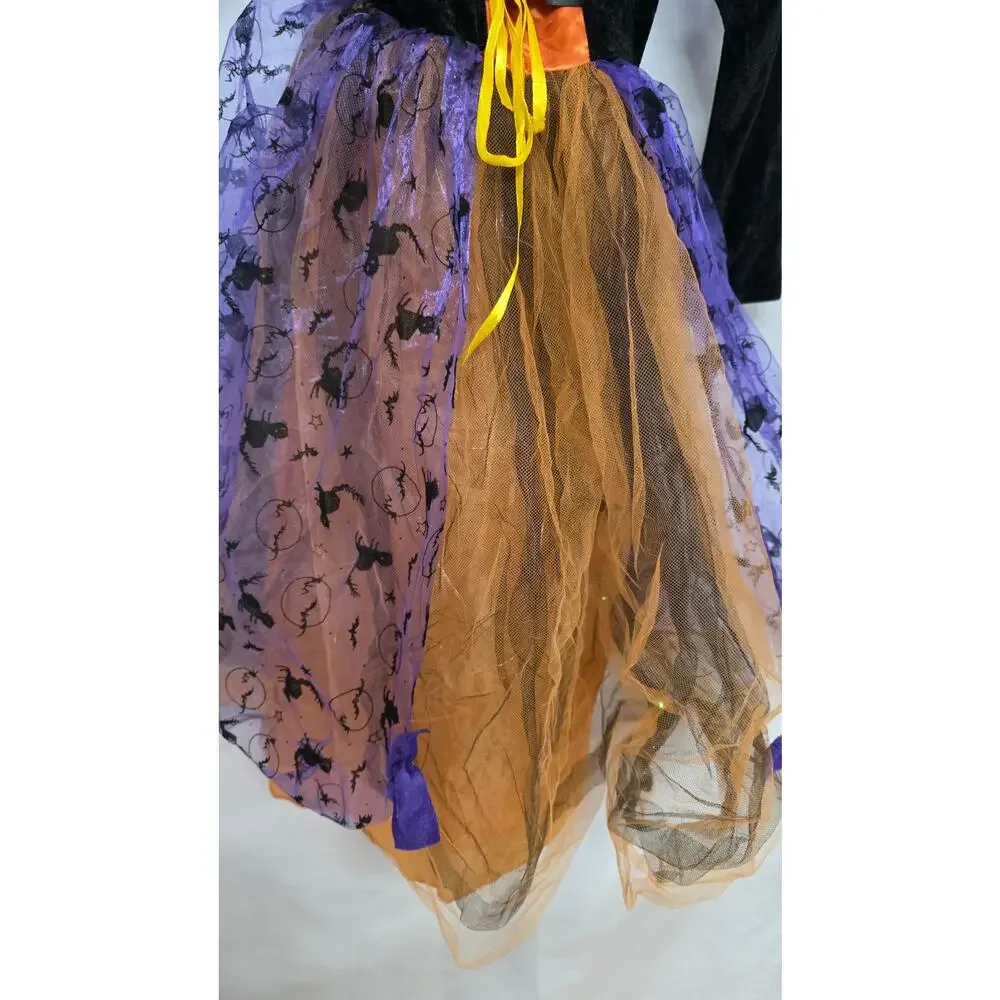Light Up Witch Costume With Head Band Hat Girls L Purple Orange Halloween Dress